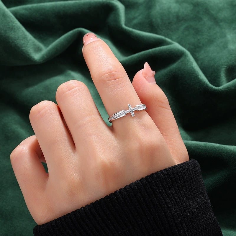 S925 Sterling Silver Full Diamond Cross Ring